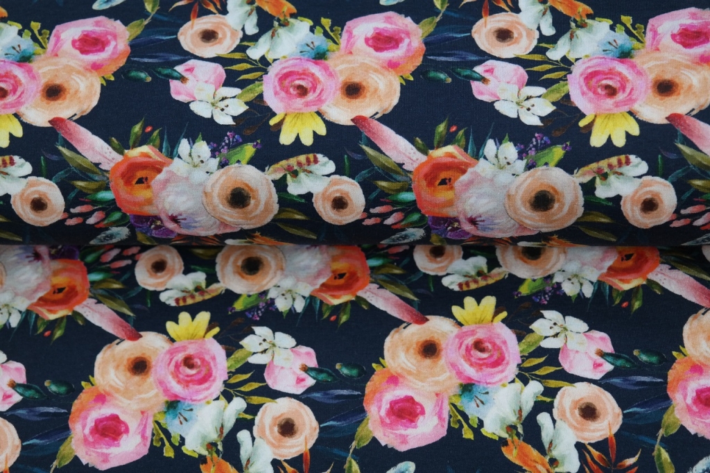 Õhuke dressikangas roosid tumesinisel