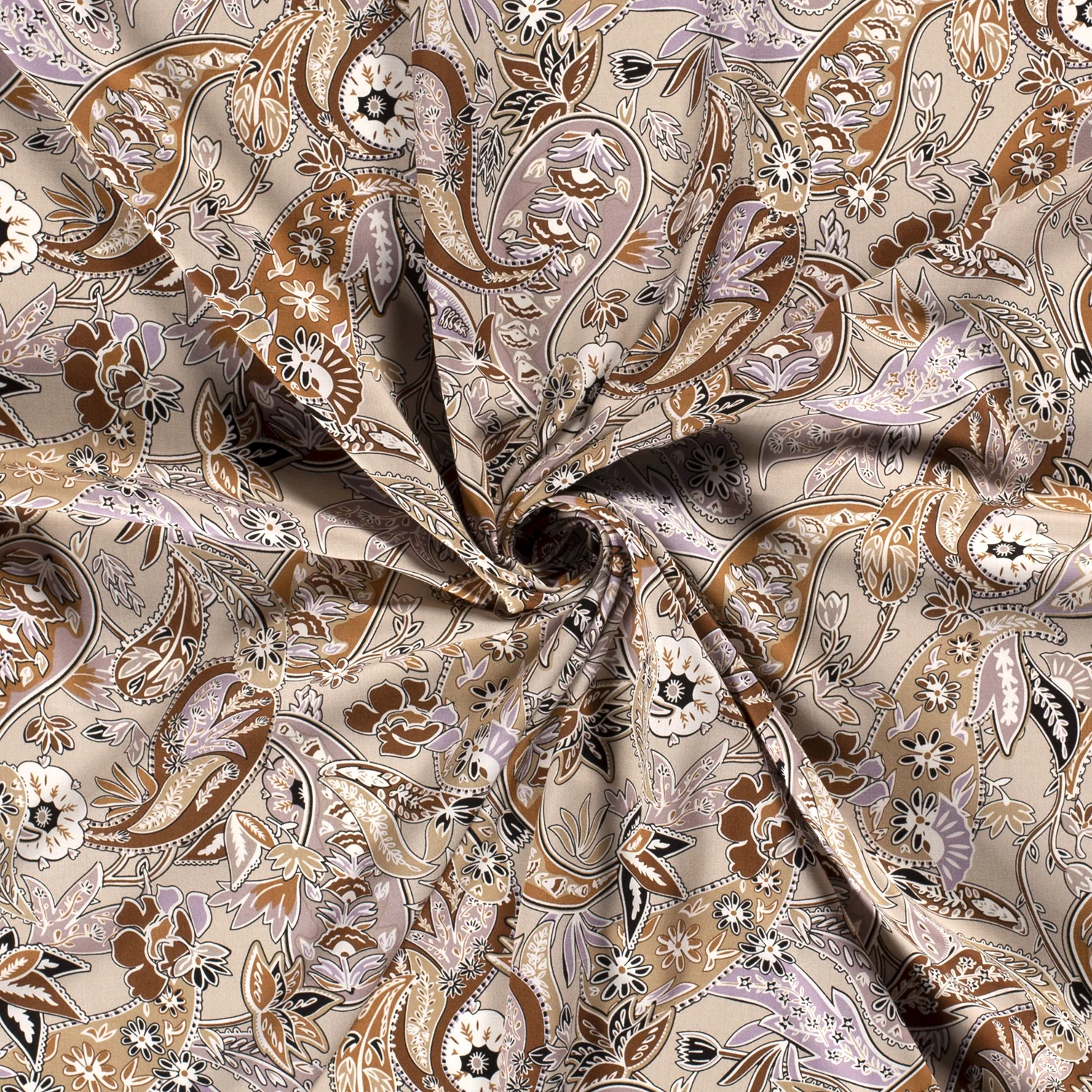 Viskoos Printed paisley flowers beige, 64 cm