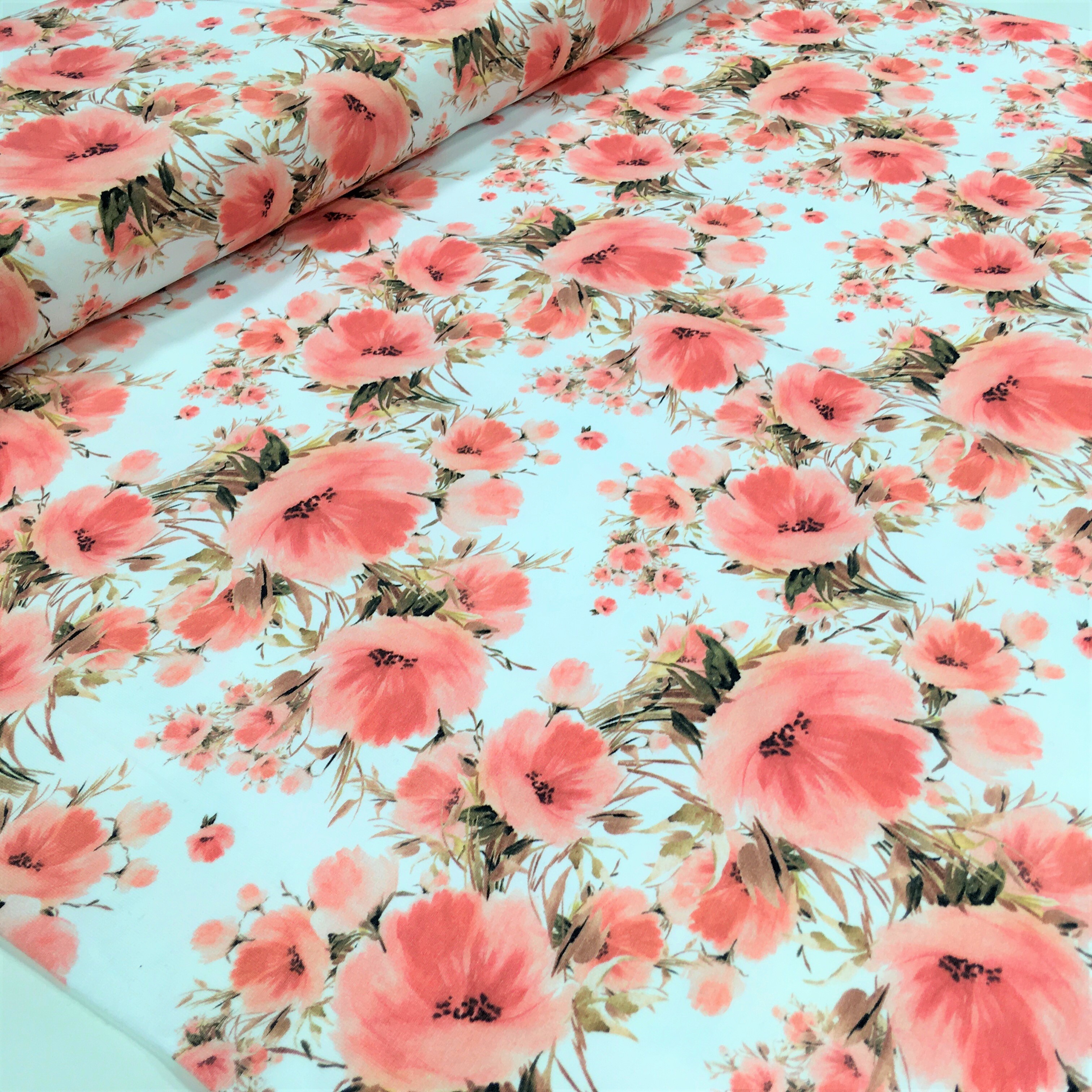 Trikotaaž Flowers coral, digiprint