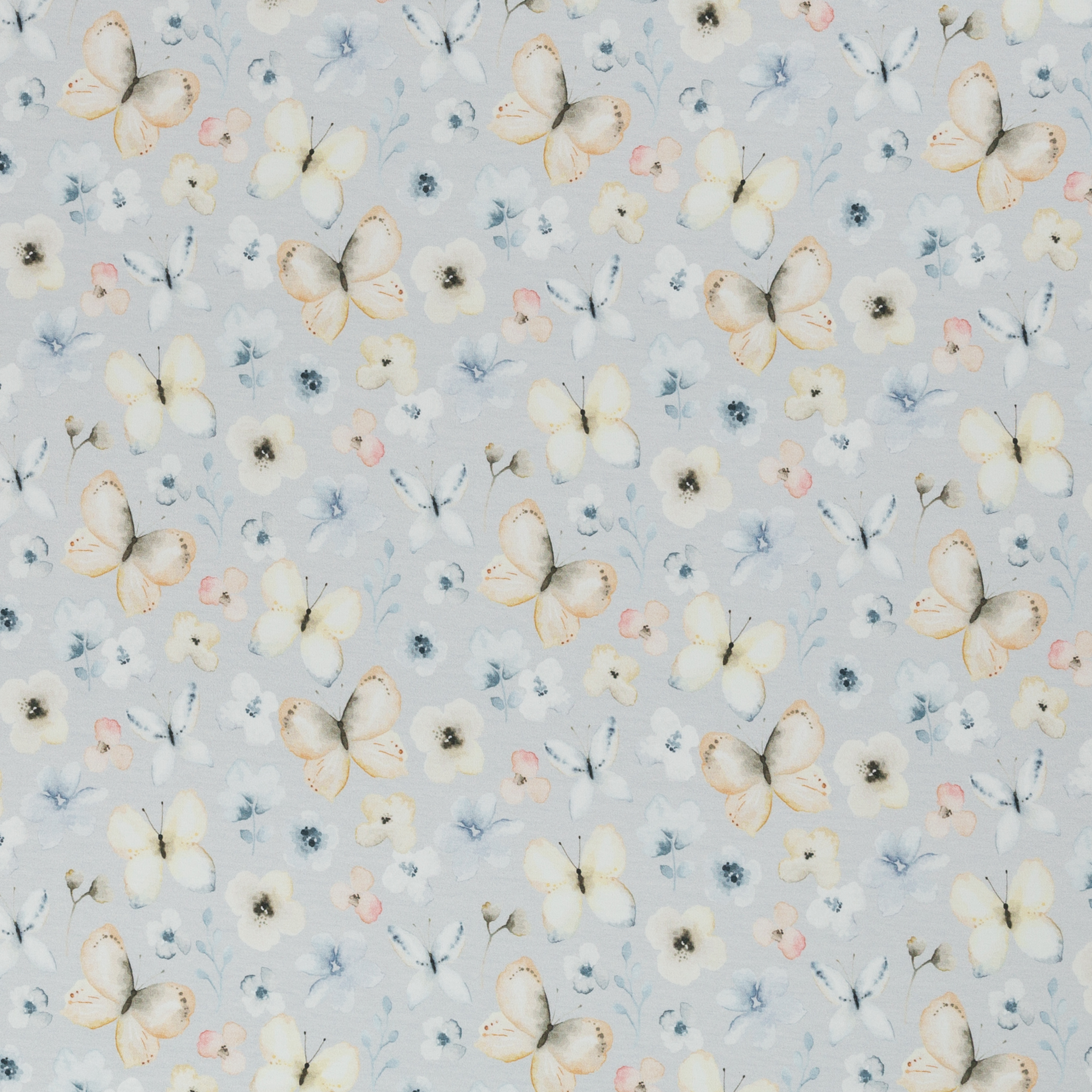 Trikotaaž Butterflies, blossoms, light blue, digiprint