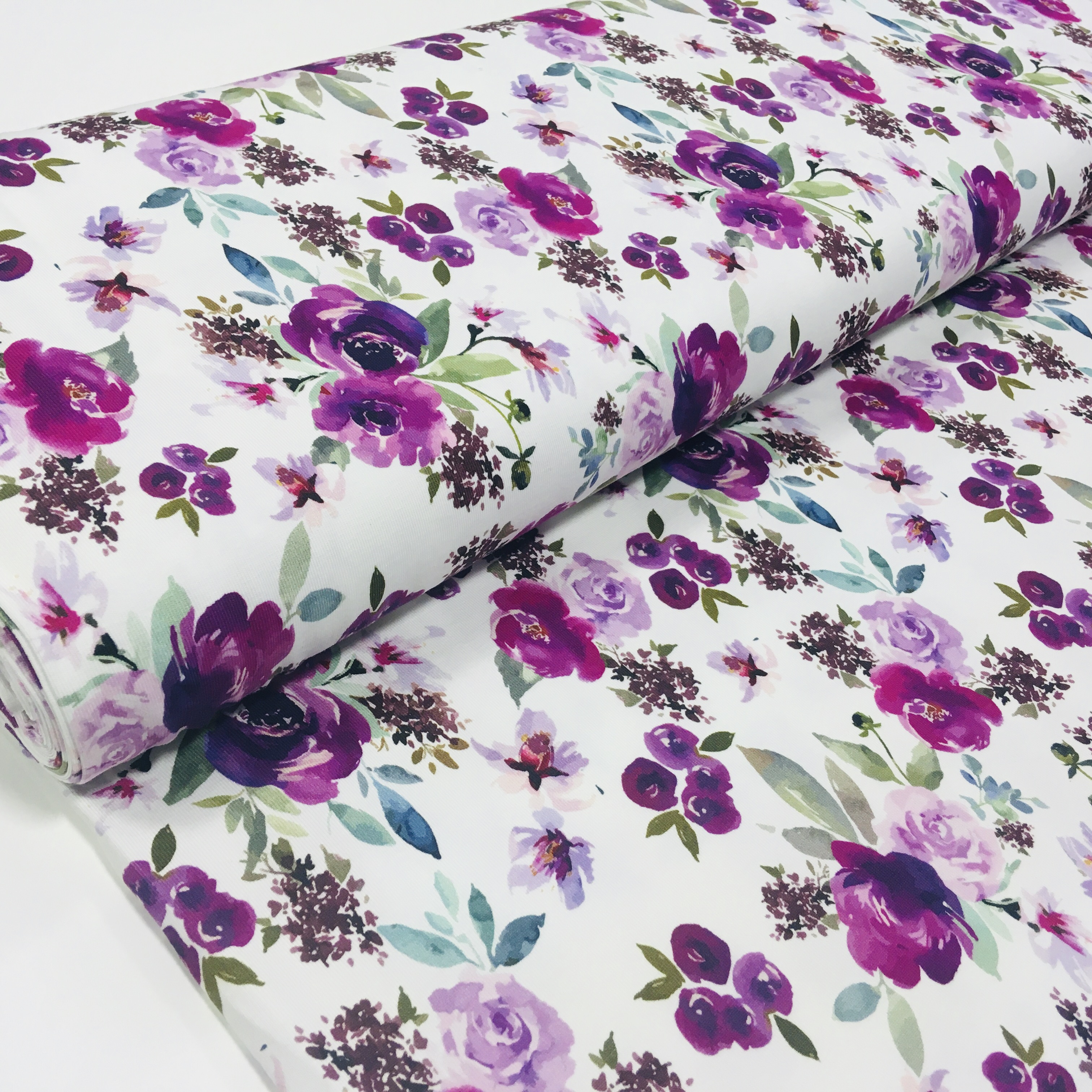 Trikotaaž Flowers purple/offwhite, digital print