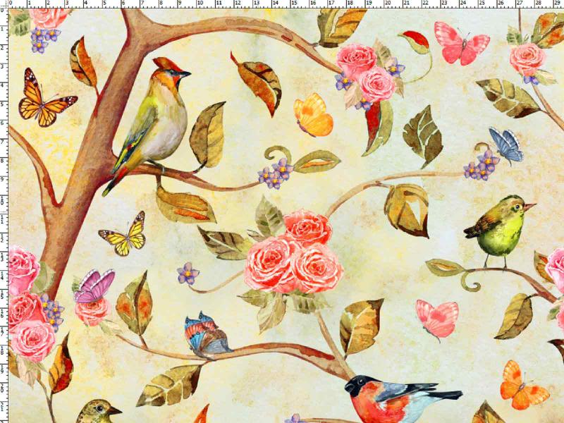 Trikotaaž Linnud ja liblikad roosipuul, digital print