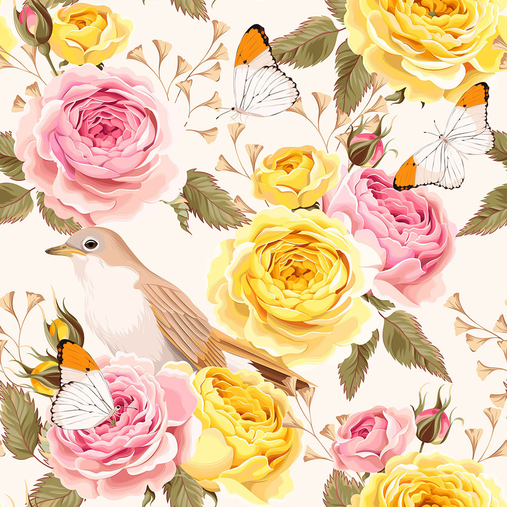 BIO Linnud ja liblikad kollastel roosadel roosidel