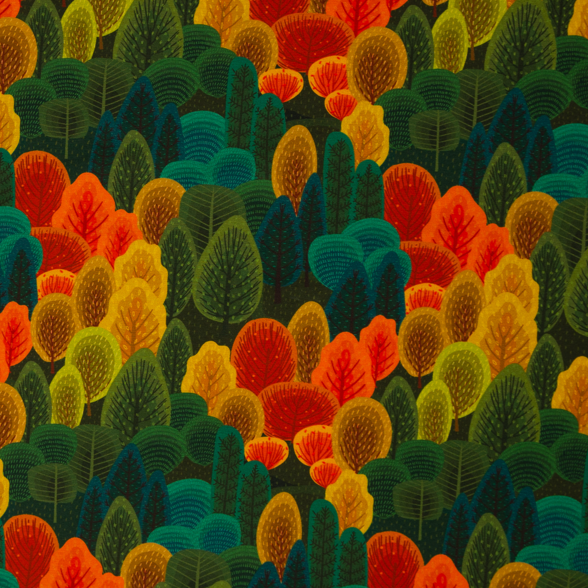 Trikotaaž Orange forest, digiprint