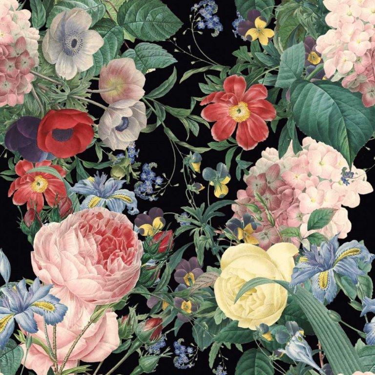 Õhuke dressikangas Romantilised lilled mustal