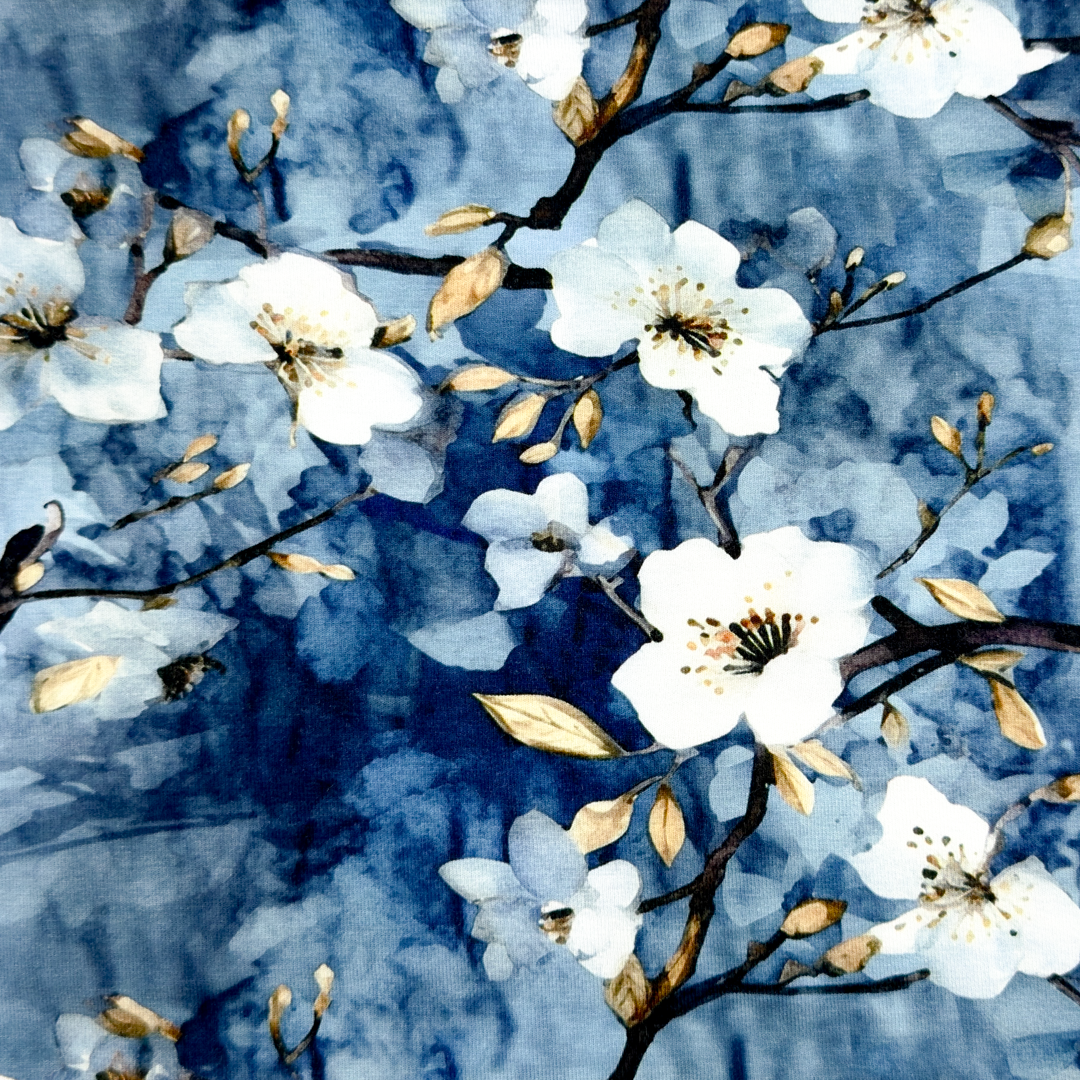 Viskoostrikotaaž Cherry blossom blue, digiprint