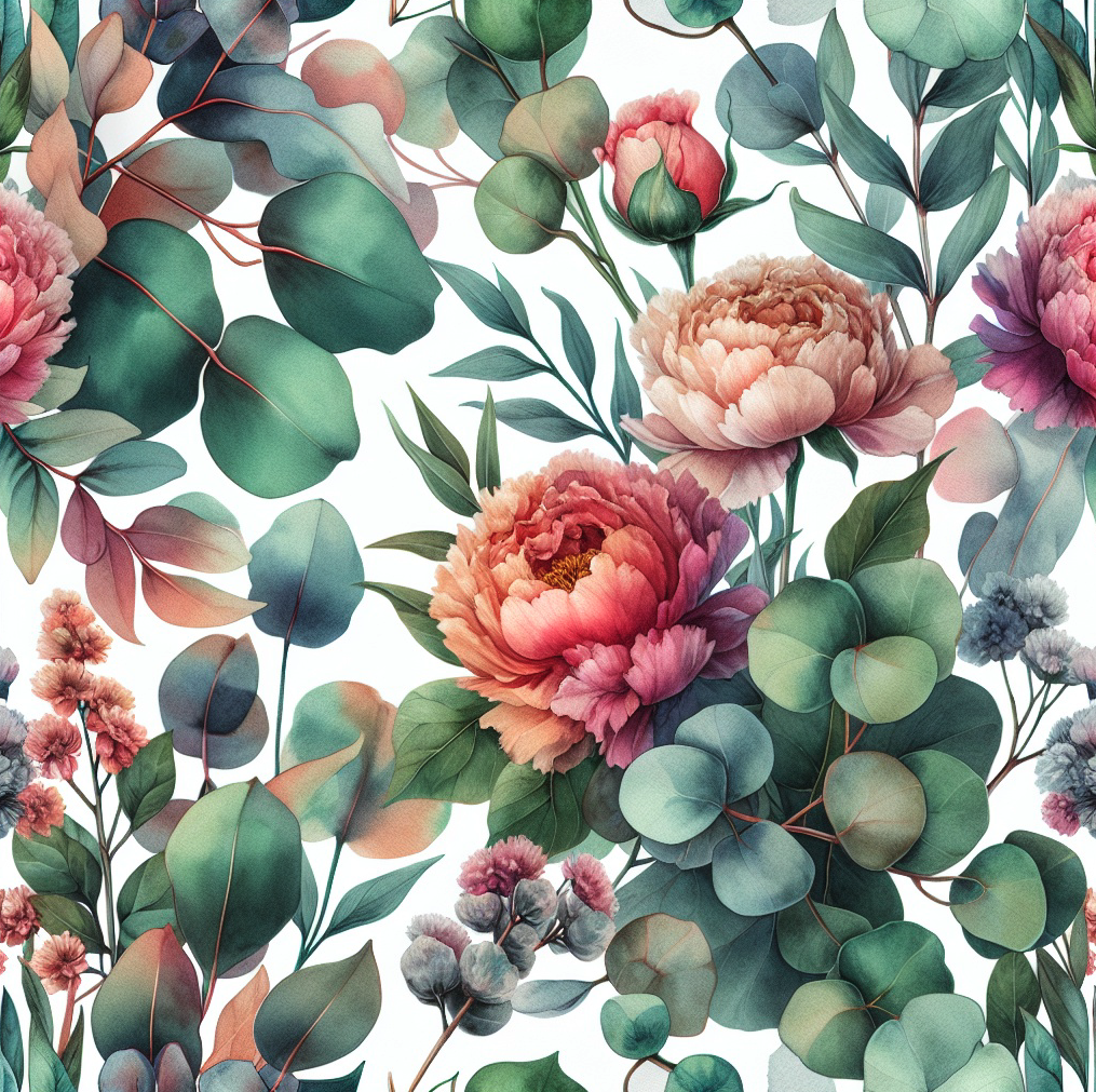 Viskoostrikotaaž Lilled ja eukalüptilehed, digiprint