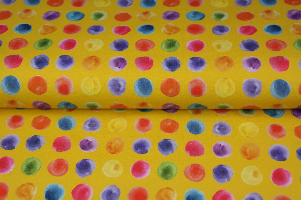 Trikotaaž Värvilised ringid kollasel, digital print