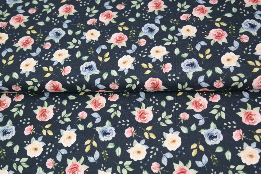 Trikotaaž Väiksed lilled tumesinisel, digital print