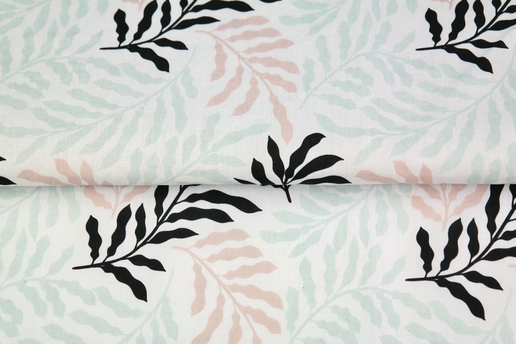 Puuvillane kangas mint, roosad, mustad lehed