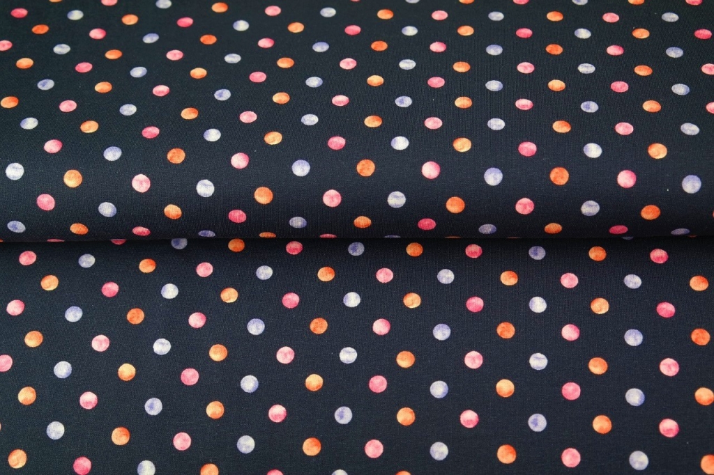 Trikotaaž Pastelsed täpid punane/sinine/oranž, digiprint