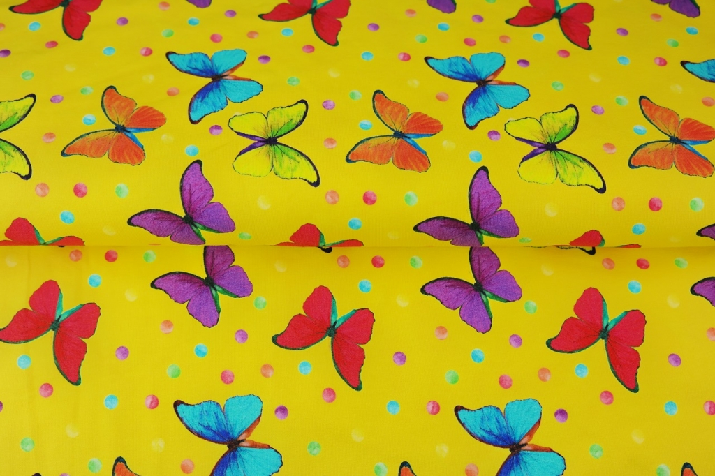 Trikotaaž Liblikad kollasel, digital print. 1,32 m