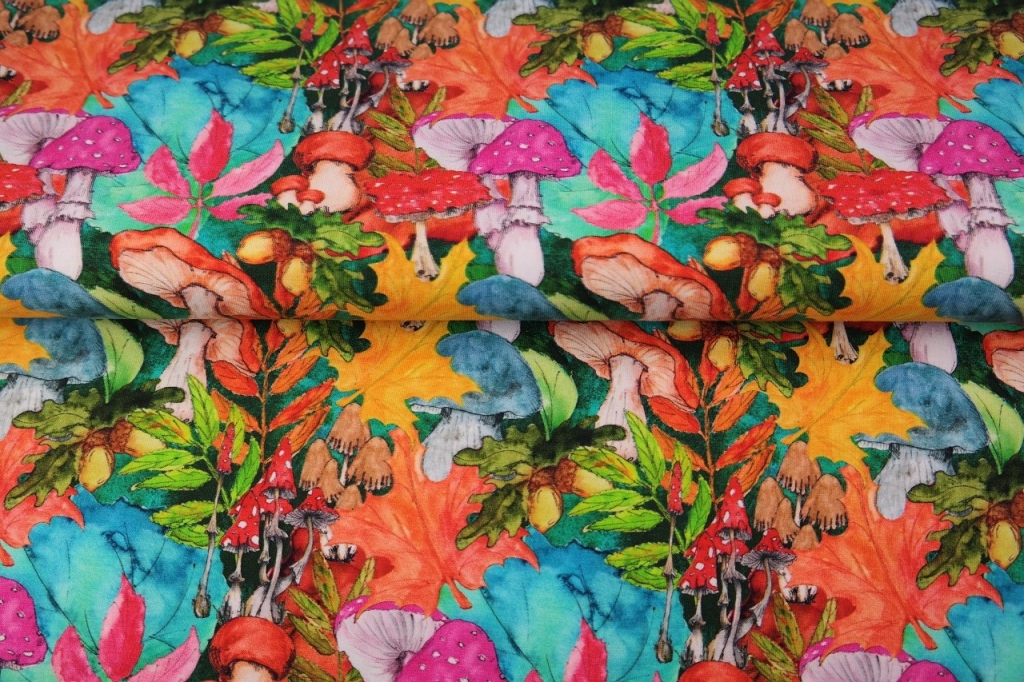 Trikotaaž Värviline sügis, seened, digital print, 89 cm tükk
