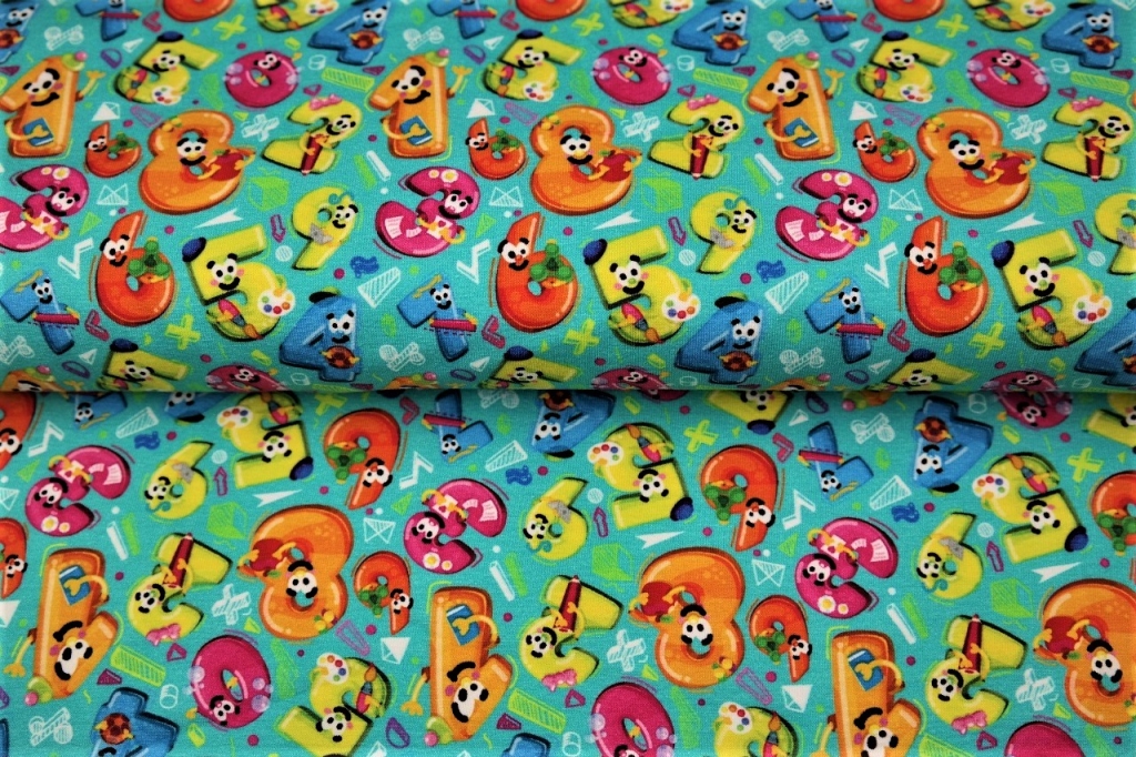 Trikotaaž Rõõmsad numbrid eresinisel digiprint