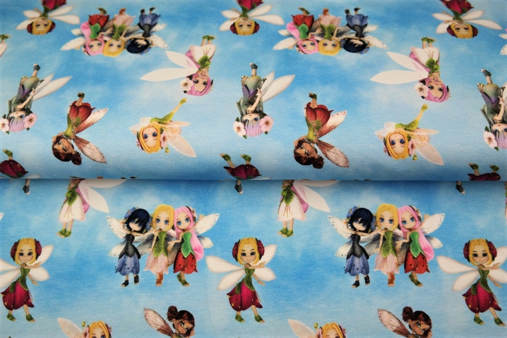 Trikotaaž Väiksed haldjad helesinisel, digital print