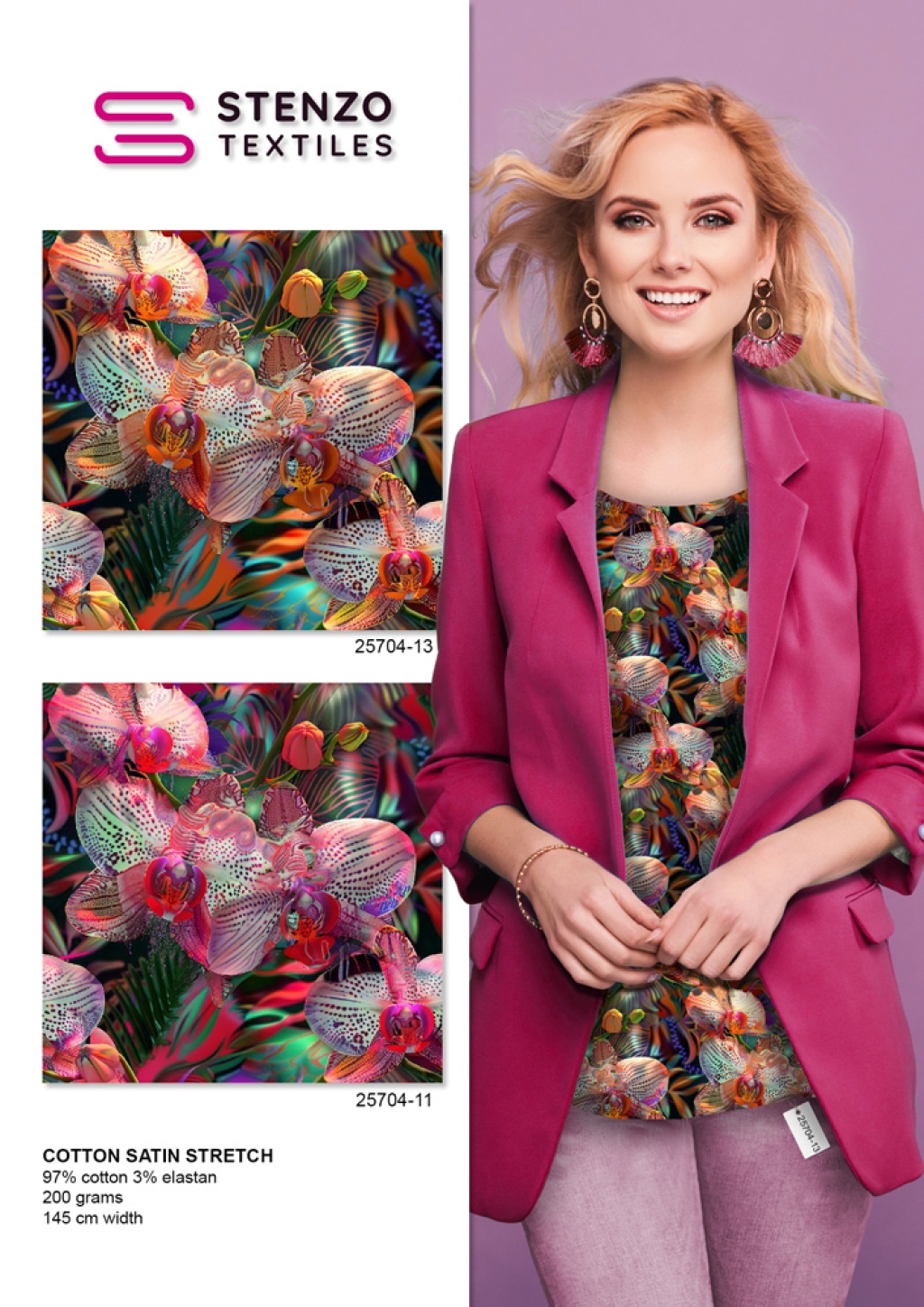 Puuvillasatiin stretch Orchid Jungle, digiprint