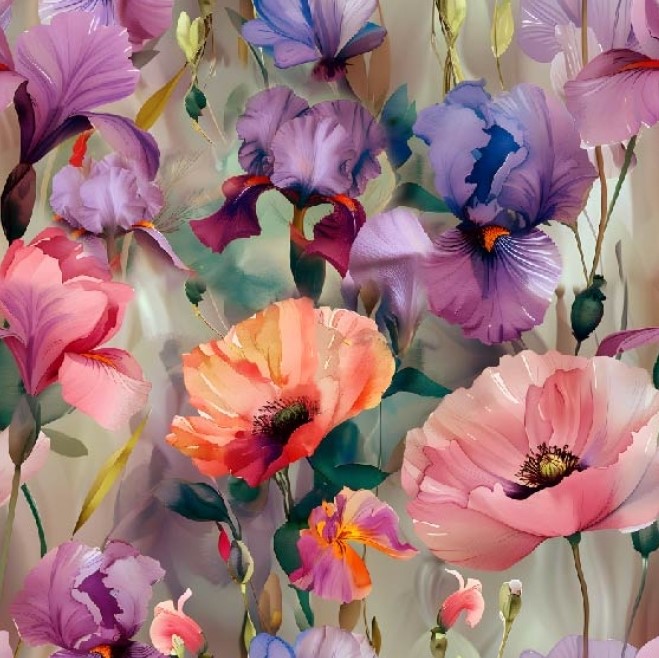 Viskoos Romantic poppy flower beige, digiprint