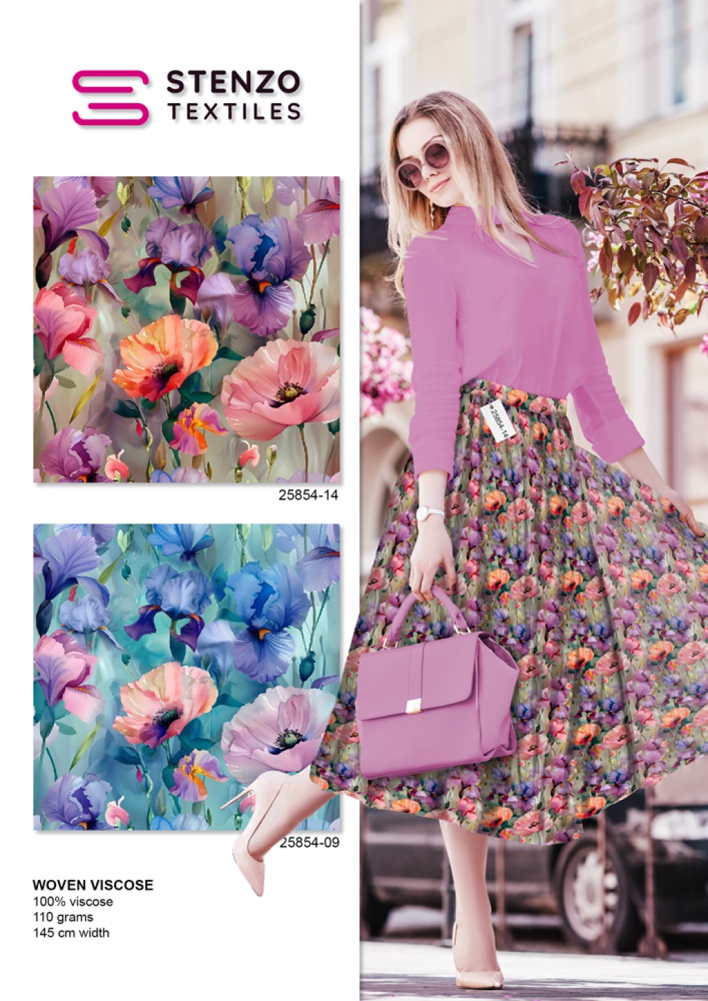 Viskoos Romantic poppy flower beige, digiprint