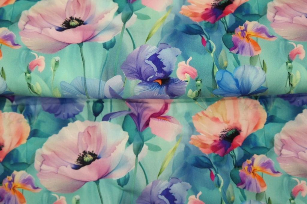 Viskoos Romantic poppy flower mint, digiprint