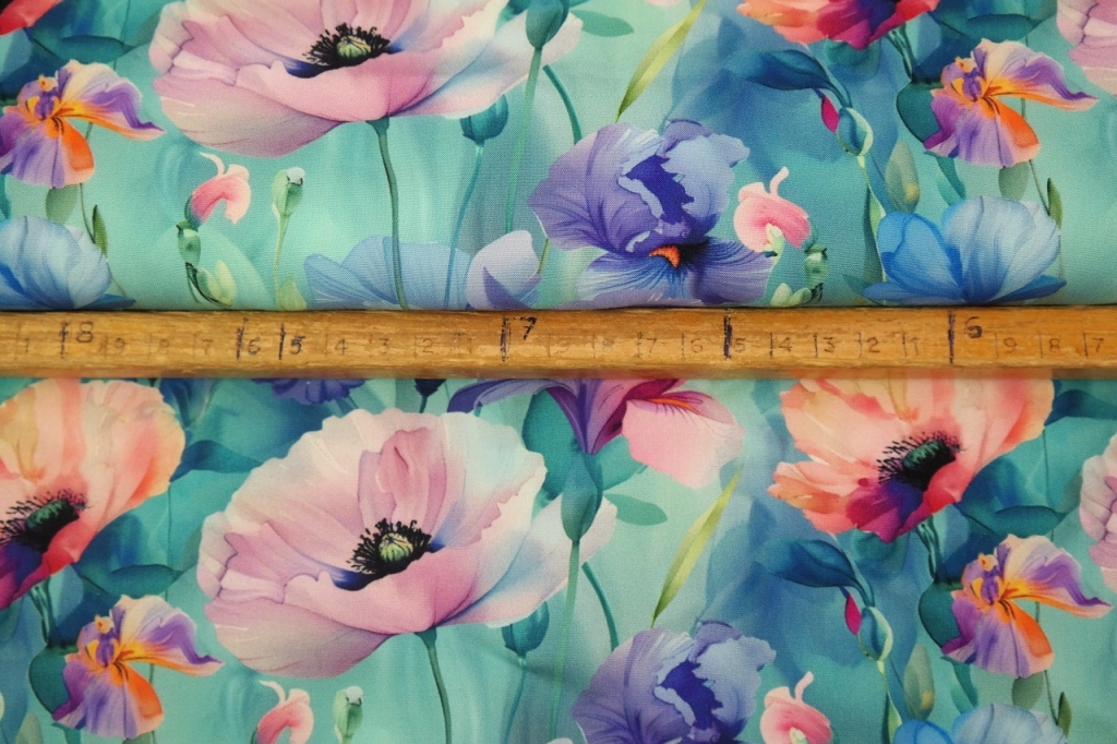 Viskoos Romantic poppy flower mint, digiprint