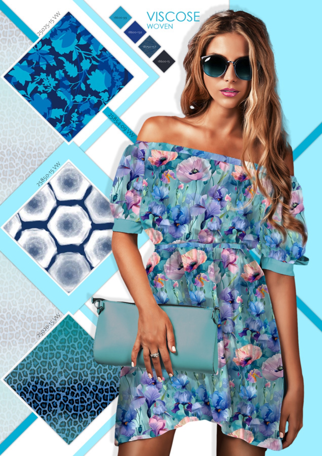 Viskoos Romantic poppy flower mint, digiprint