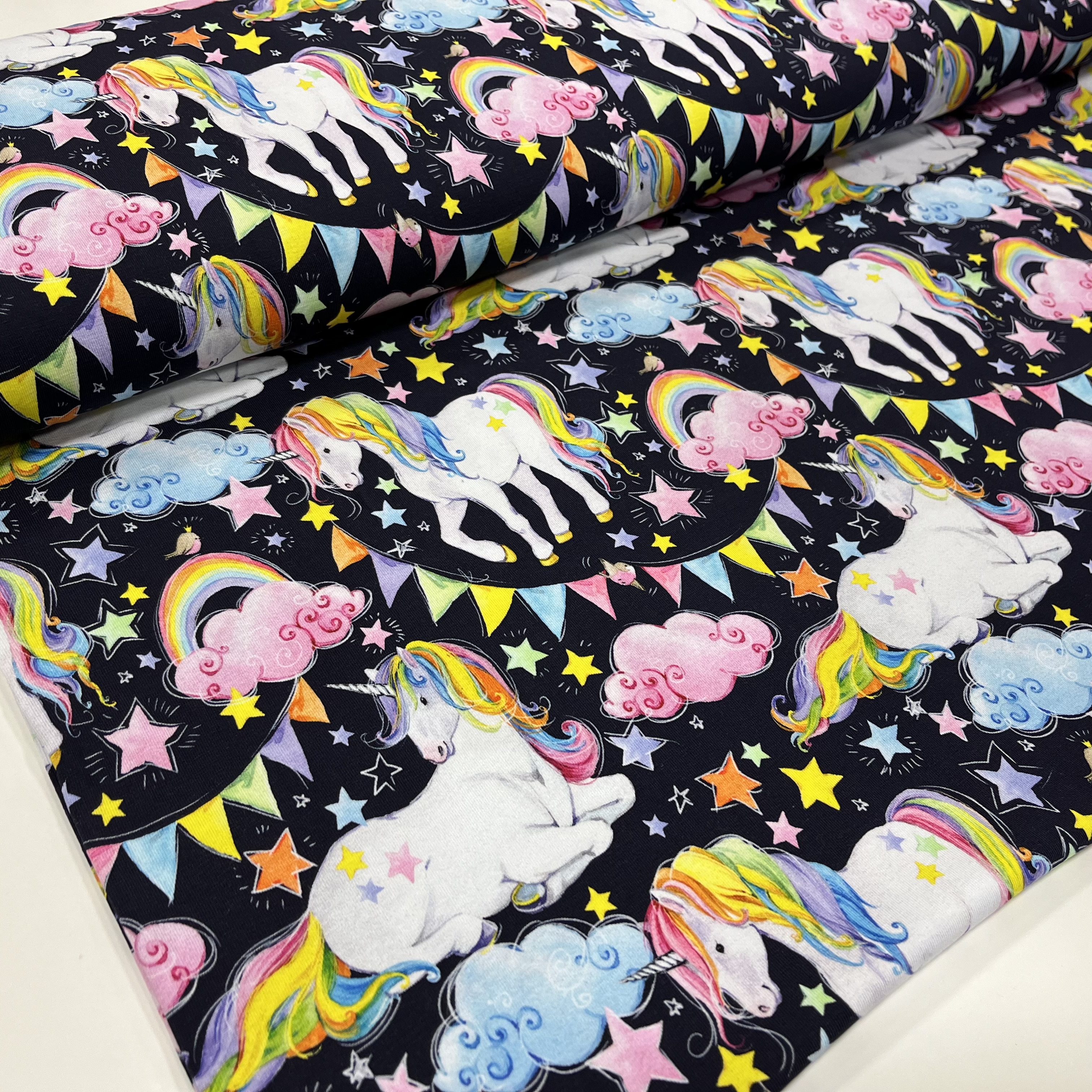 Trikotaaž Unicorn dark blue, digital print