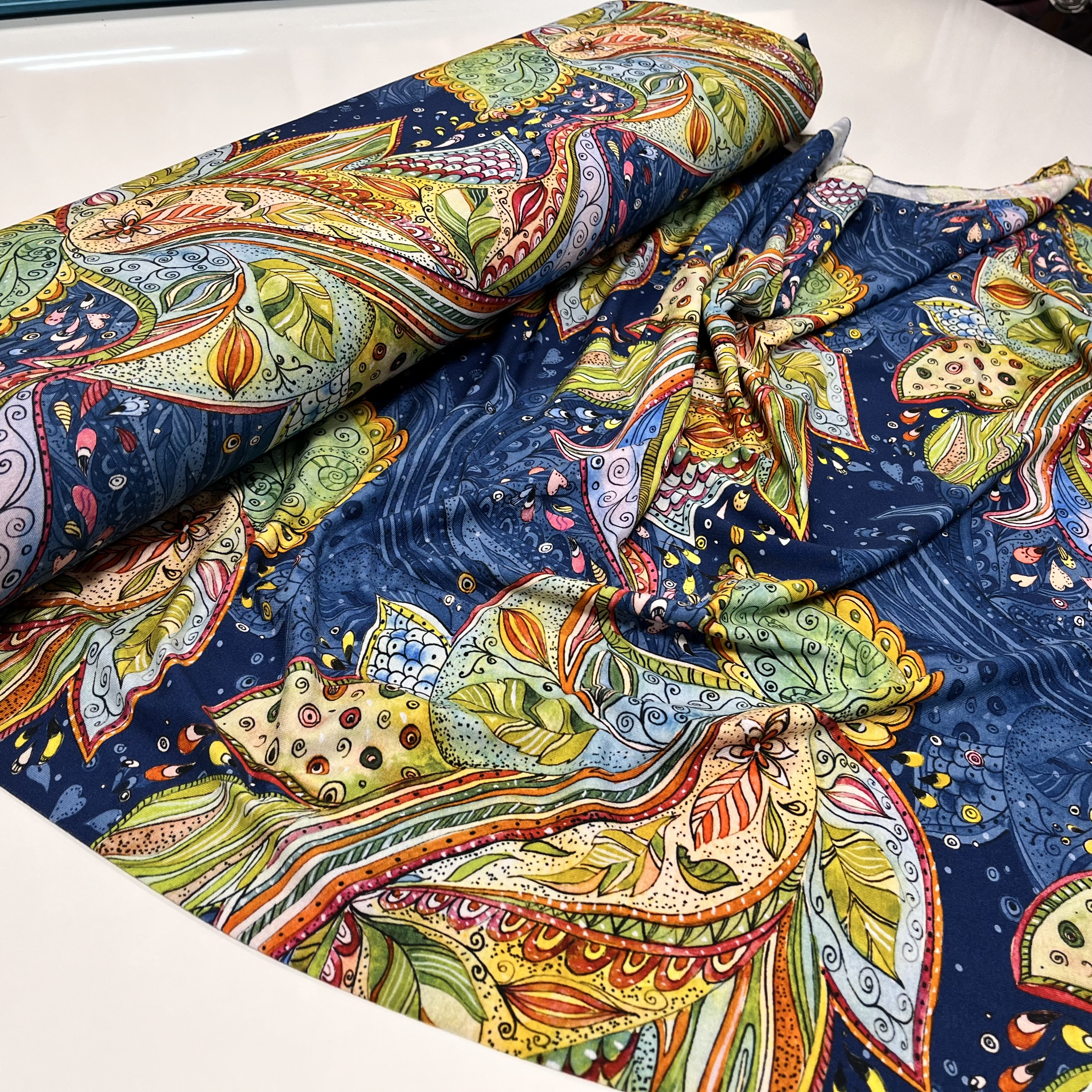 Viskoostrikotaaž Fantasy Blossoms blue, digiprint