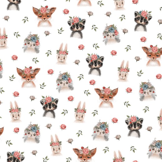 Trikotaaž Woodland animals white, digital print