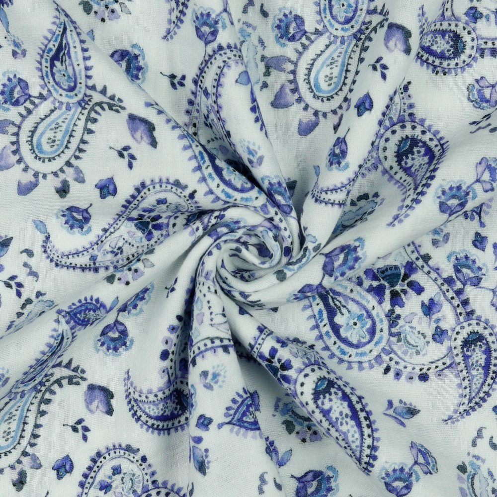Musliin Paisley white/navy , digiprint 