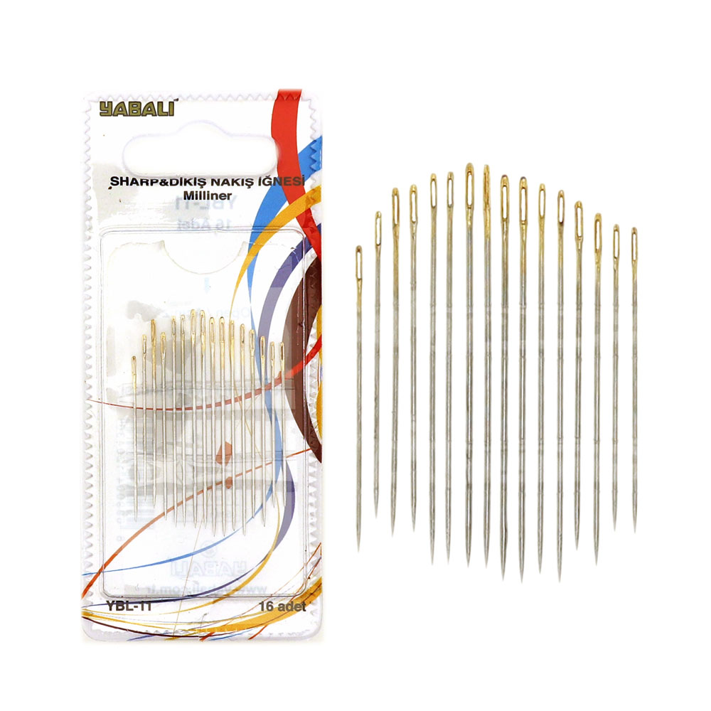 Suure silmaga ja kullatud otsaga õmblusnõelad