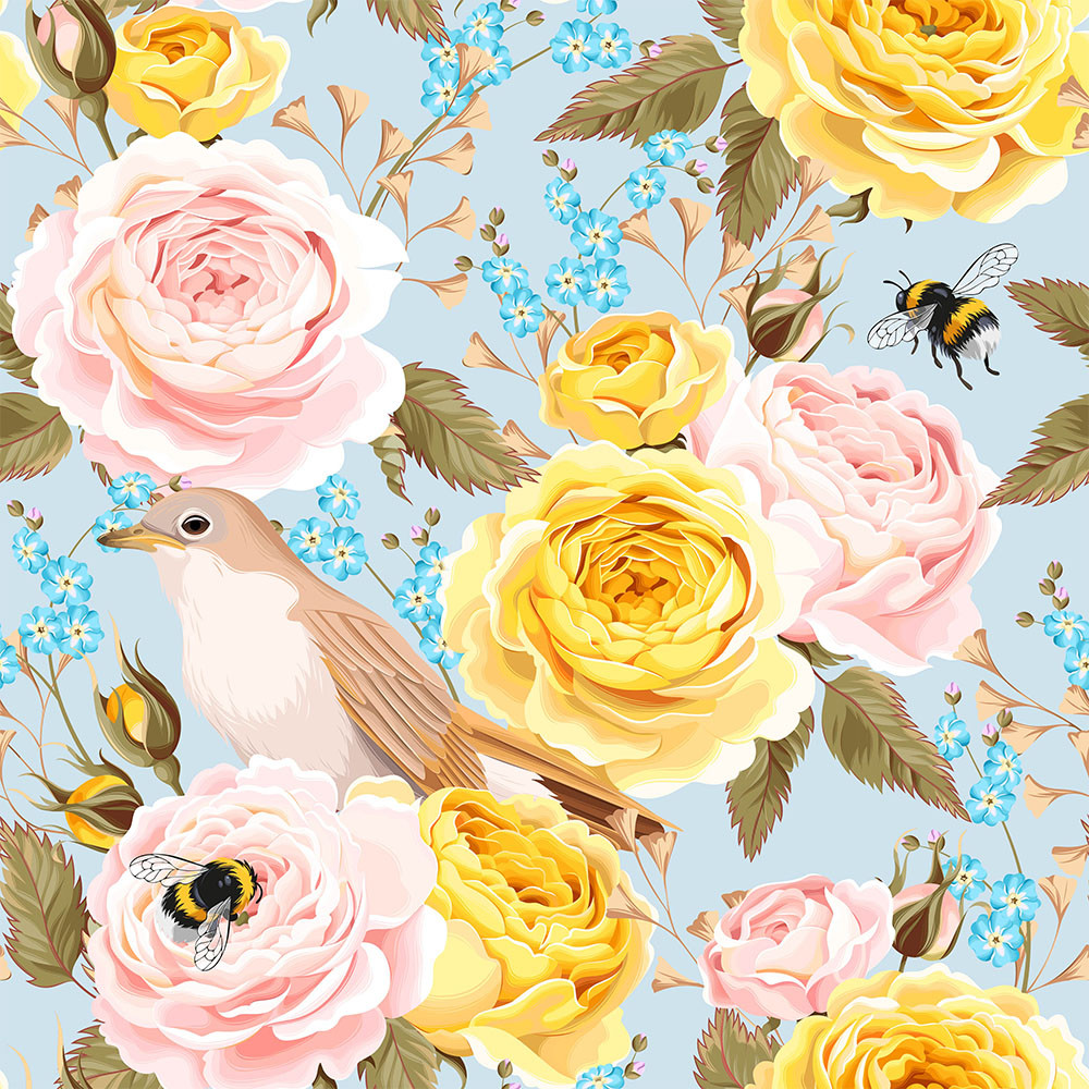 Trikotaaž Linnud ja mesilased helesinisel, digital print